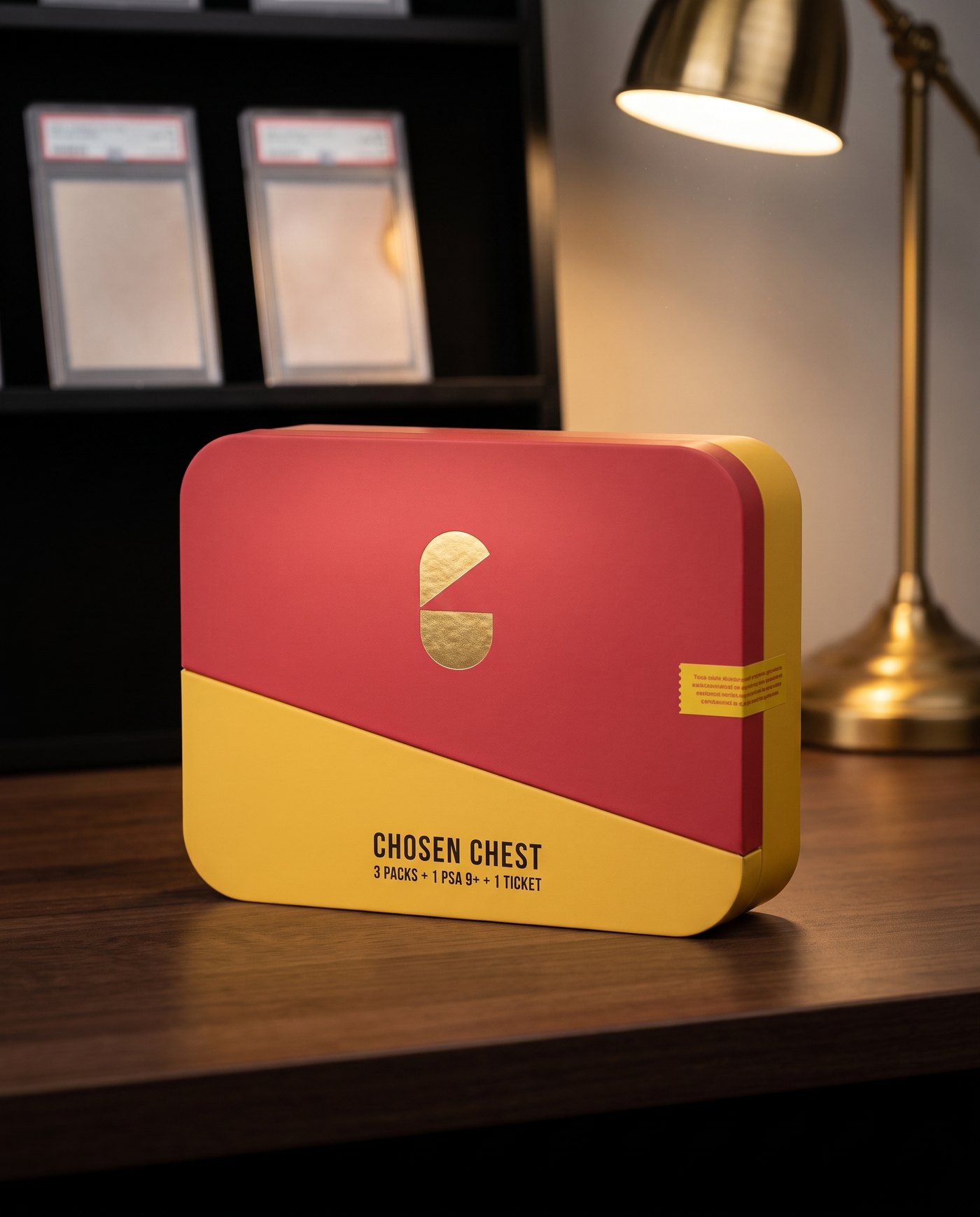 CHOSEN CHEST 硬殼磁吸禮盒,紅蓋黃身,斜縫,燙金寶箱標誌